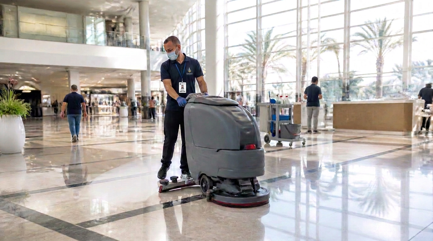 Cleaning professional operating a floor scrubber in a commercial concourse
