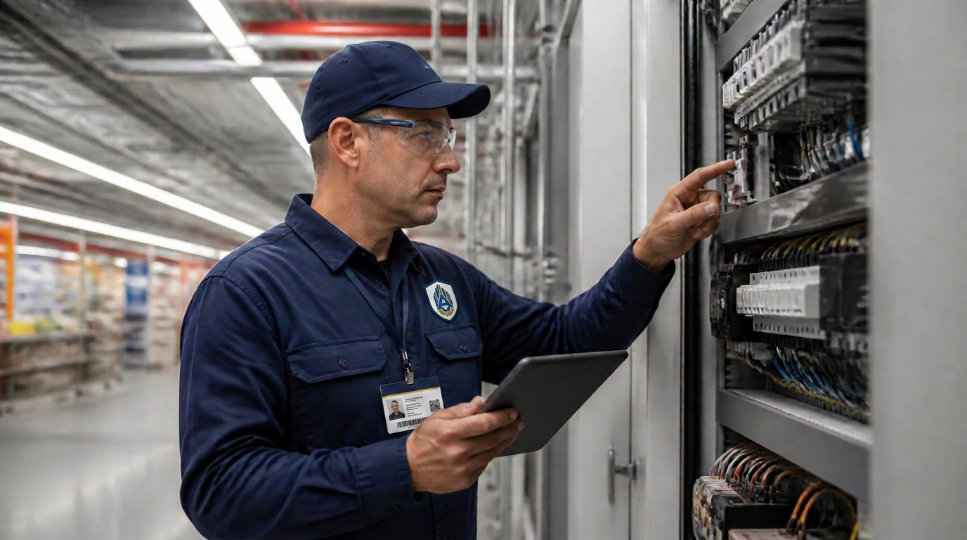 Hypermarket maintenance technician inspecting an electrical panel in Israel