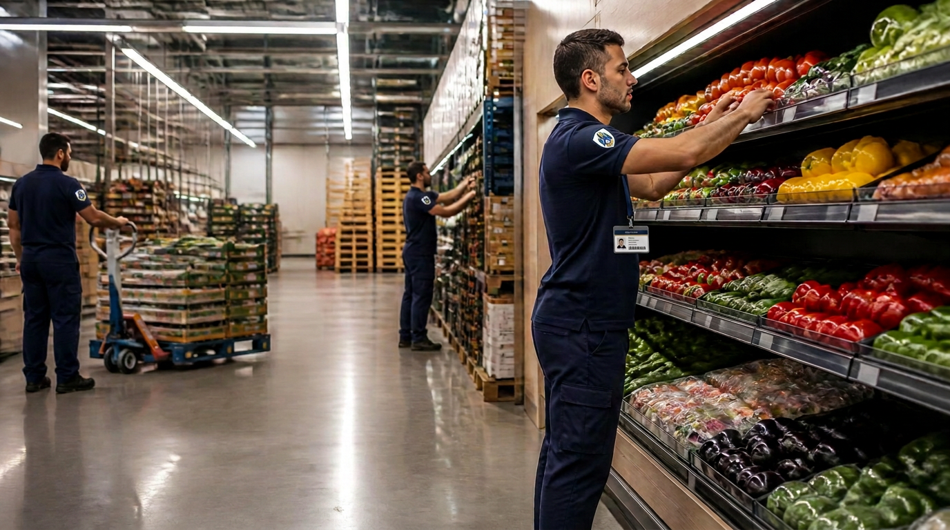 Hypermarket workers stocking fresh produce and moving pallets in Israel